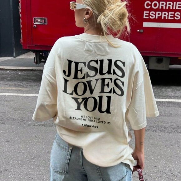 Tops - Apricot Casual Women's Jeus loves you Round Neck Short Sleeved T-Shirt